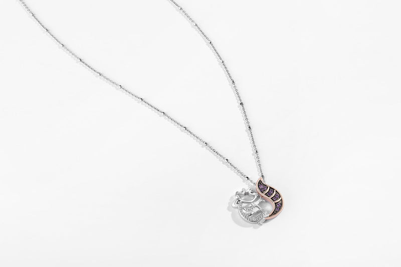 Alice In Wonderland Women's Necklace with Amethyst and 1/20 CTTW Diamonds in 14K Rose Gold and Black Rhodium over Sterling Silver 