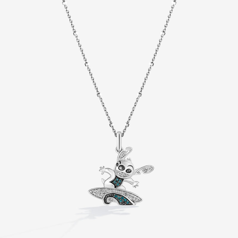 Lilo And Stitch Women's necklace with 1/10 CTTW Blue Diamonds in Black Rhodium and Sterling Silver 