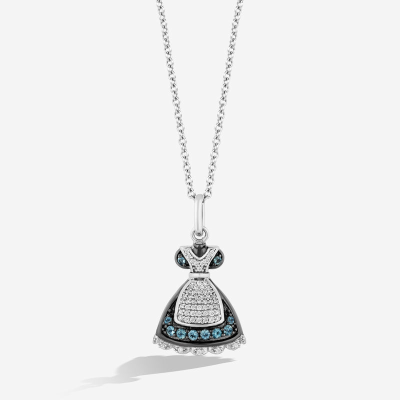 Alice In Wonderland Women's Necklace with London Blue Topaz and 1/10 CT.TW. Diamonds in Sterling Silver and Black Rhodium 
