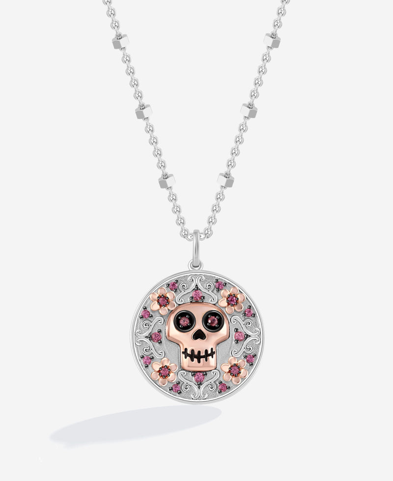 COCO Women's Medallion Necklace with Rhodolite in 14K Rose Gold over Sterling Silver and Black Rhodium 
