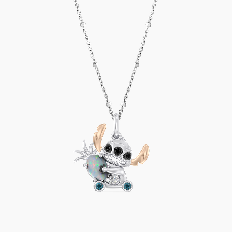 Lilo And Stitch Women's Necklace with Created Opal, London Blue Topaz and 1/20 CT.TW. Diamonds in 14K Rose Gold and Black Rhodium over Sterling Silver 