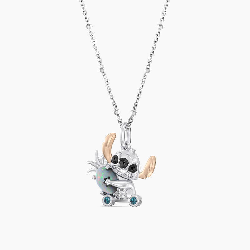 Lilo And Stitch Women's Necklace with Created Opal, London Blue Topaz and 1/20 CT.TW. Diamonds in 14K Rose Gold and Black Rhodium over Sterling Silver 