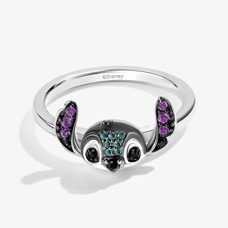 Lilo And Stitch Women's Ring with Amethyst and 1/20 CT.TW. Blue and Black Diamonds in Sterling Silver and Black Rhodium 