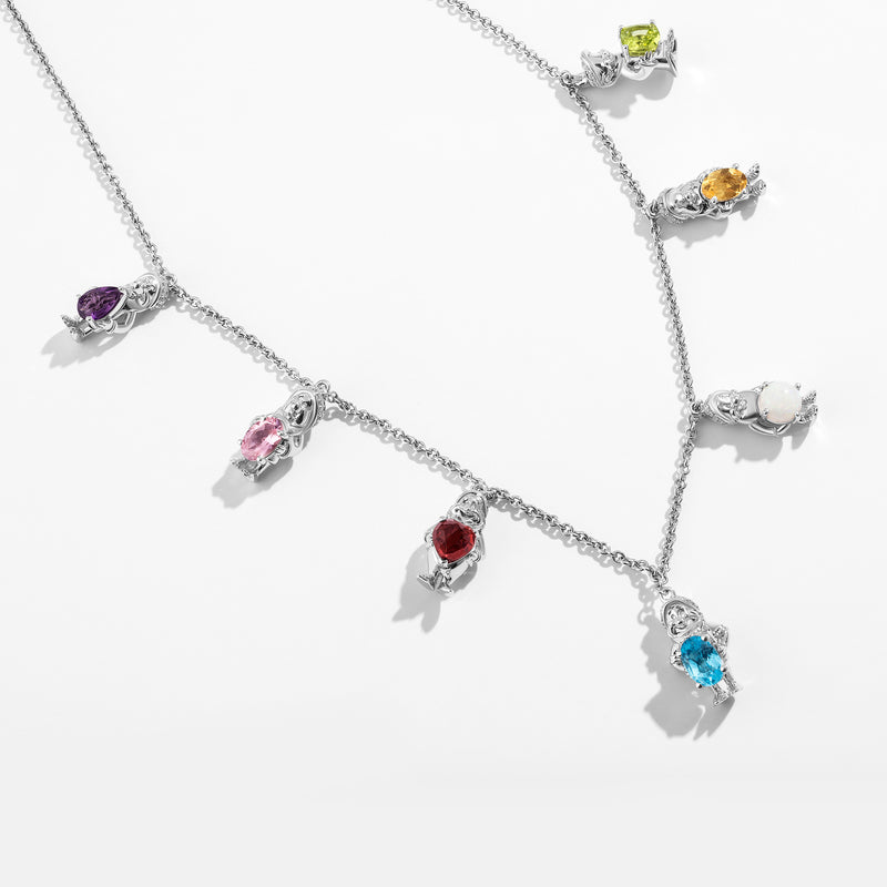 SNOW WHITE AND THE SEVEN DWARFS Women's Necklace with Peridot
Citrine, Opal, Swiss Blue Topaz, Garnet, Pink Tourmaline, Amethyst and 1/6 CTTW Diamonds in Sterling Silver 