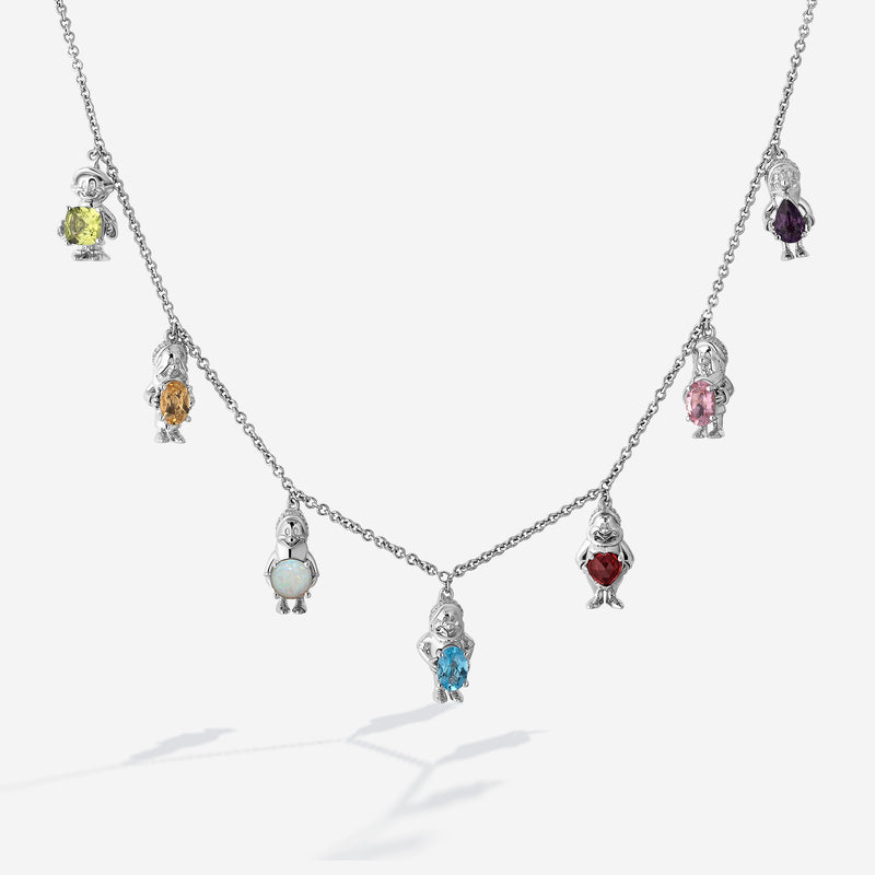 SNOW WHITE AND THE SEVEN DWARFS Women's Necklace with Peridot
Citrine, Opal, Swiss Blue Topaz, Garnet, Pink Tourmaline, Amethyst and 1/6 CTTW Diamonds in Sterling Silver 