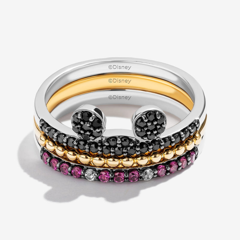 MICKEY MOUSE Women's Three Ring Stack with Created Ruby and Created White Sapphire and 1/4 CT.TW. Black Diamonds in 14K Rose Gold and Black Rhodium and Sterling Silver 