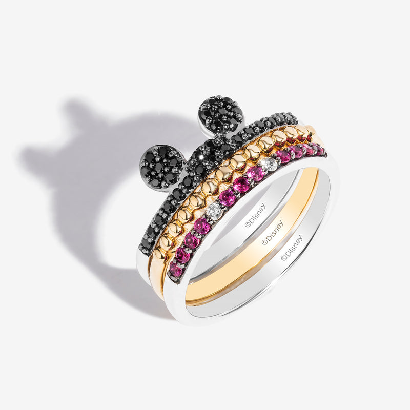MICKEY MOUSE Women's Three Ring Stack with Created Ruby and Created White Sapphire and 1/4 CT.TW. Black Diamonds in 14K Rose Gold and Black Rhodium and Sterling Silver 