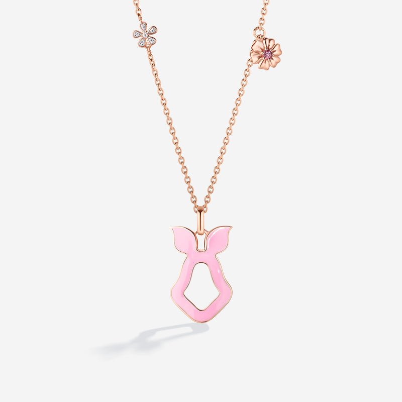 WINNIE THE POOH Piglet Women's Necklace with Enamel, Pink Tourmaline and 1/20 CTTW Diamonds in Sterling Silver 