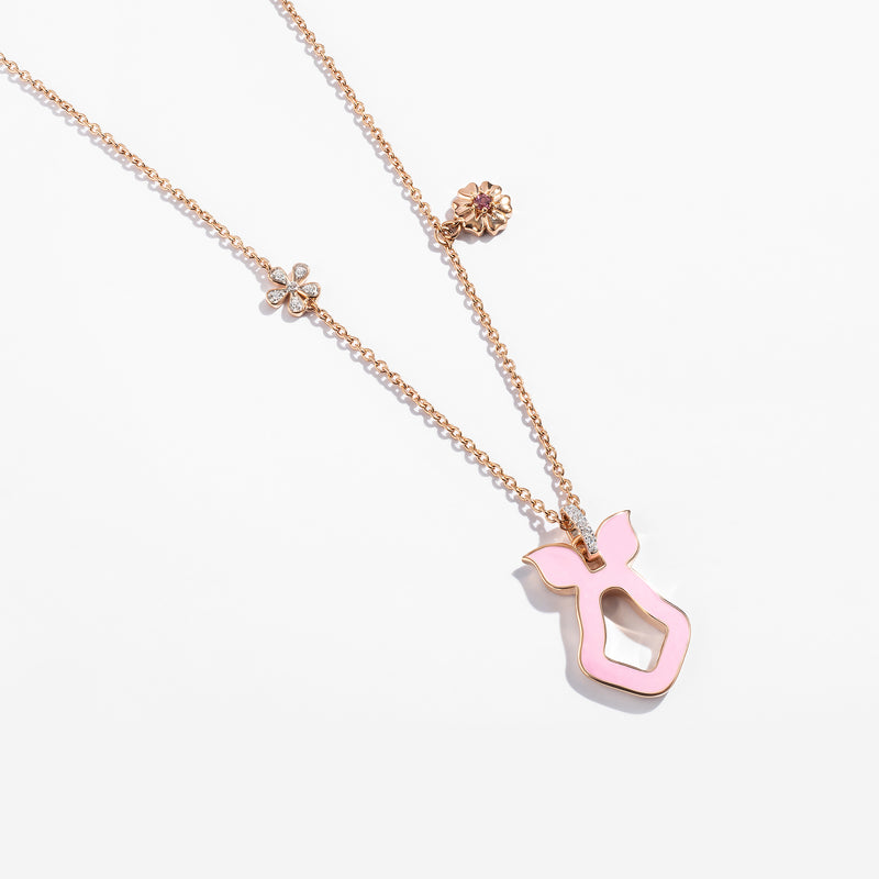 WINNIE THE POOH Piglet Women's Necklace with Enamel, Pink Tourmaline and 1/20 CTTW Diamonds in Sterling Silver 