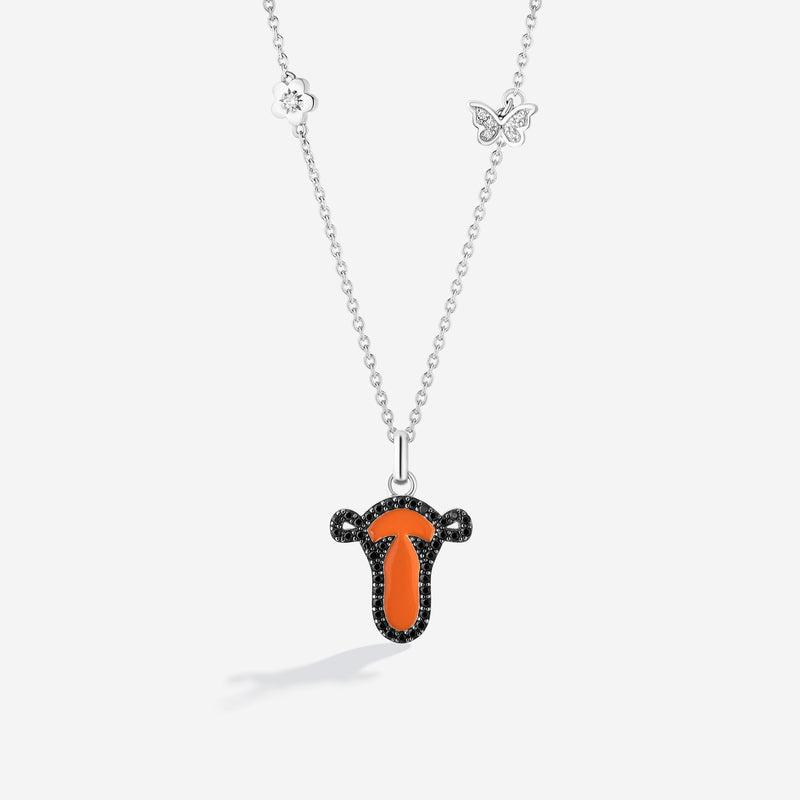 WINNIE THE POOH Tigger Women's Necklace with Enamel, Black Spinal and 1/20 CTTW Diamonds in Black Rhodium and Sterling Silver 