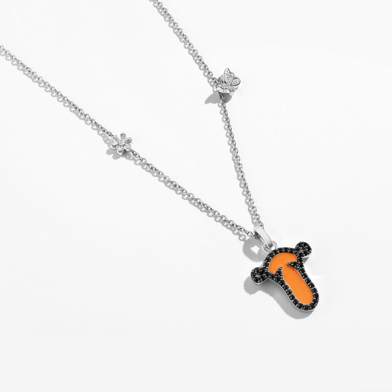 WINNIE THE POOH Tigger Women's Necklace with Enamel, Black Spinal and 1/20 CTTW Diamonds in Black Rhodium and Sterling Silver 