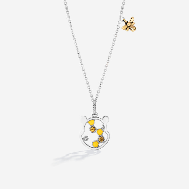 WINNIE THE POOH Honey Comb Women's Necklace with Enamel, Citrine and 1/20 CTTW Diamonds in Sterling Silver 