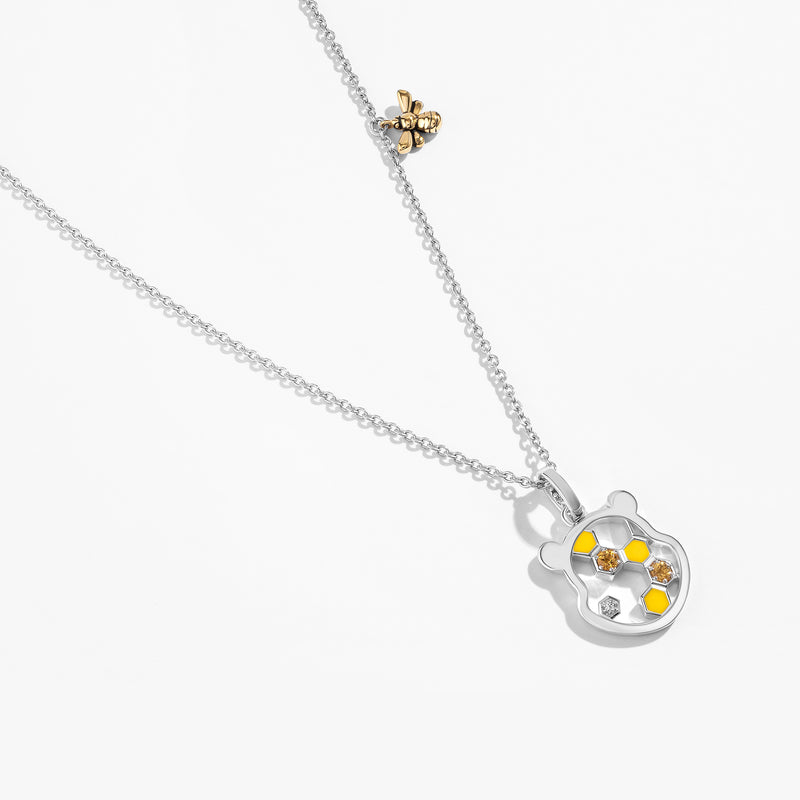 WINNIE THE POOH Honey Comb Women's Necklace with Enamel, Citrine and 1/20 CTTW Diamonds in Sterling Silver 