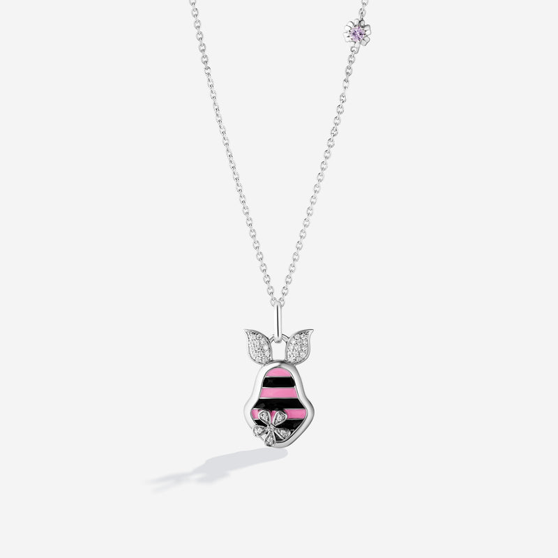 WINNIE THE POOH Piglet Women's Necklace with Striped Enamel, Created Pink Sapphire and 1/8 CTTW Diamonds in Sterling Silver 
