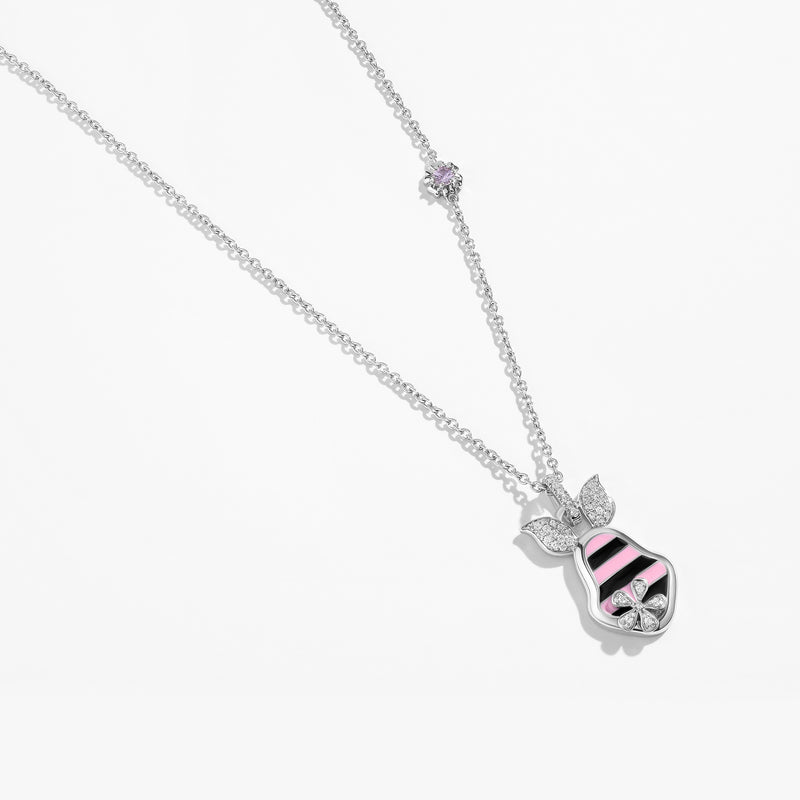 WINNIE THE POOH Piglet Women's Necklace with Striped Enamel, Created Pink Sapphire and 1/8 CTTW Diamonds in Sterling Silver 