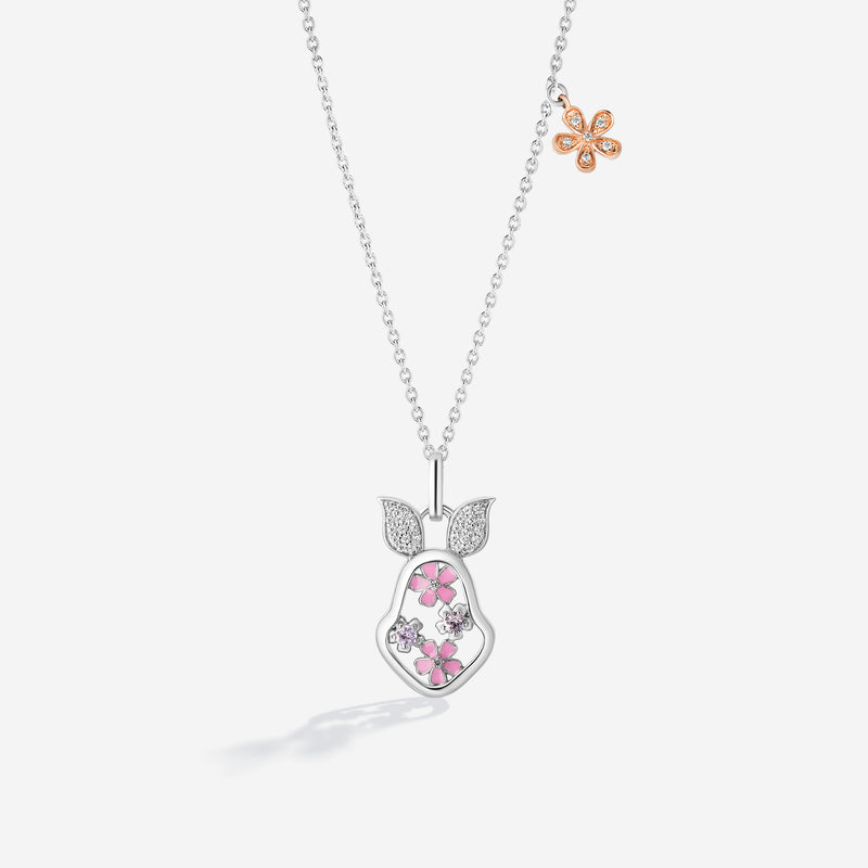 WINNIE THE POOH Piglet Women's Necklace with Floral Enamel, Created Pink Sapphire and 1/8 CTTW Diamonds in Sterling Silver 