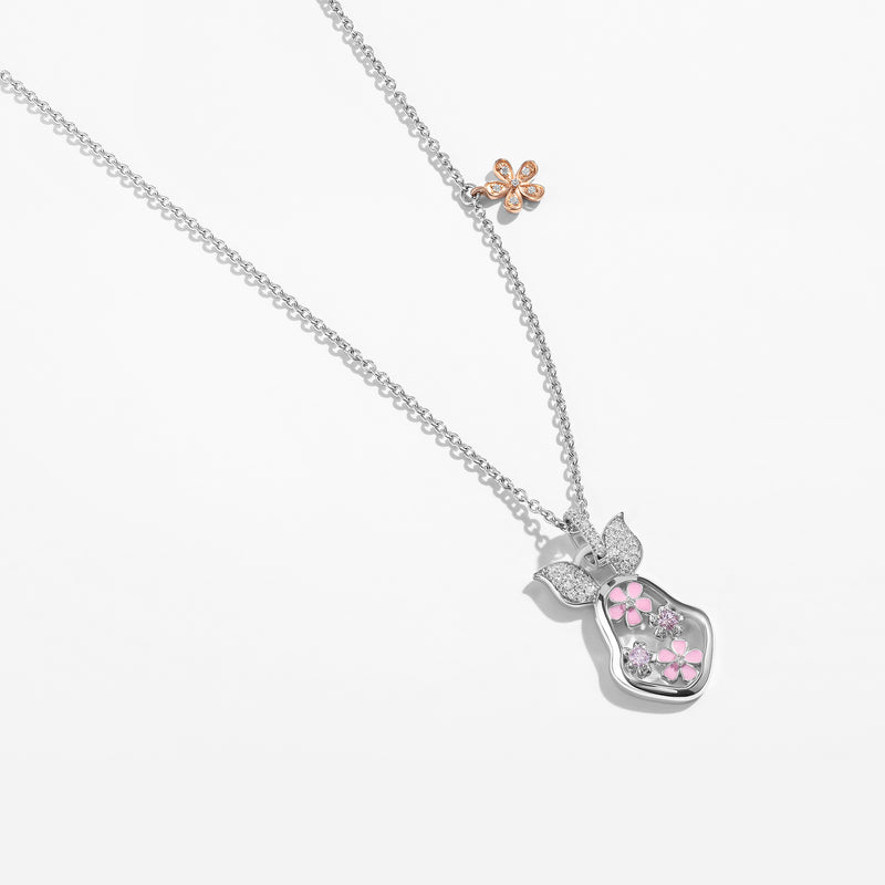 WINNIE THE POOH Piglet Women's Necklace with Floral Enamel, Created Pink Sapphire and 1/8 CTTW Diamonds in Sterling Silver 