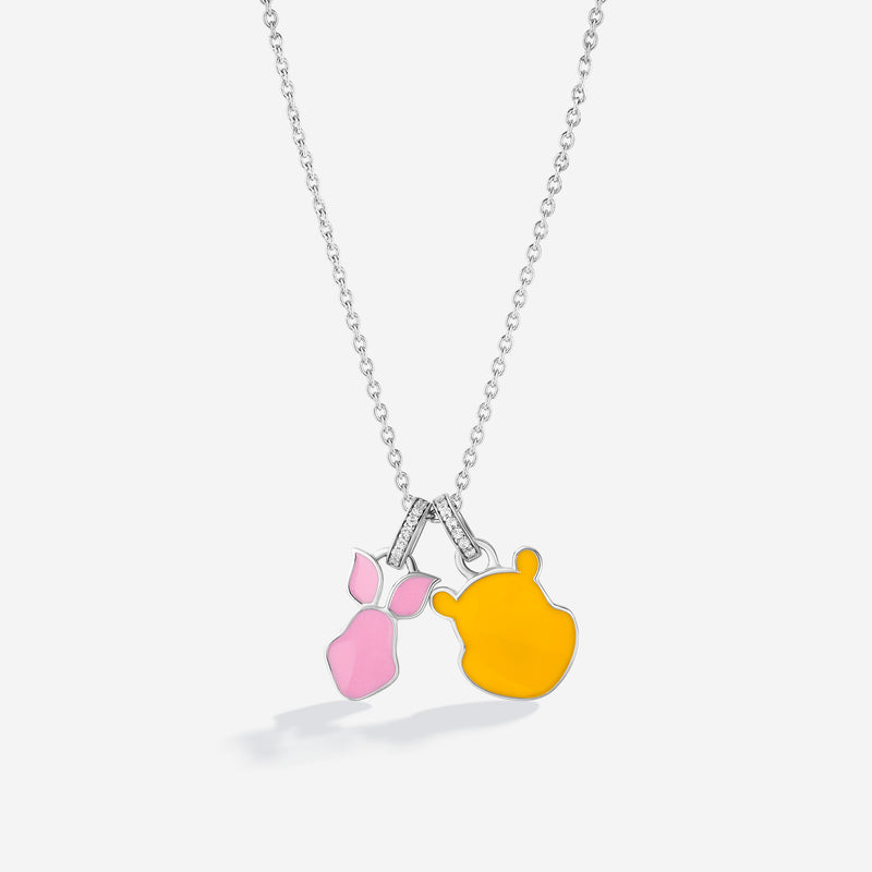 WINNIE THE POOH and Piglet Women's Friends Necklace with Enamel and 1/20 CTTW Diamonds in Sterling Silver 