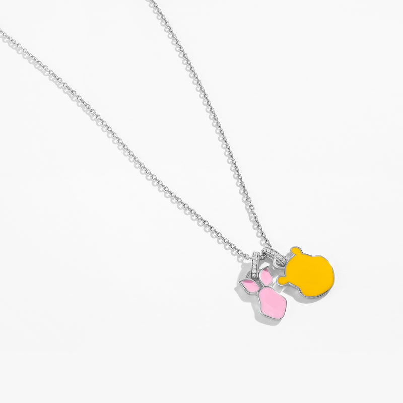 WINNIE THE POOH and Piglet Women's Friends Necklace with Enamel and 1/20 CTTW Diamonds in Sterling Silver 