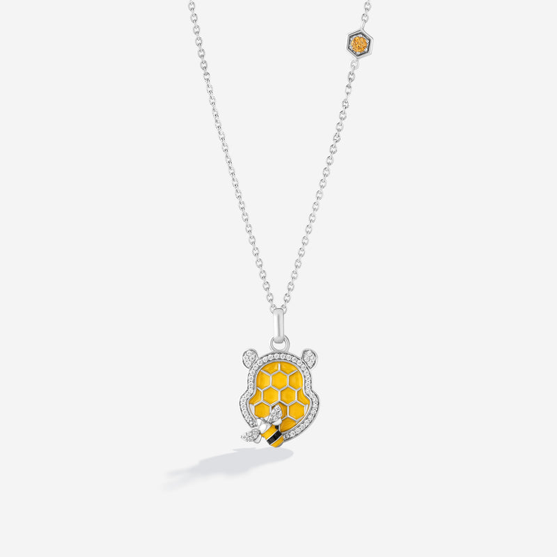 WINNIE THE POOH Honey Comb Women's Necklace with Enamel, Citrine and 1/6 CTTW Diamonds in Sterling Silver 
