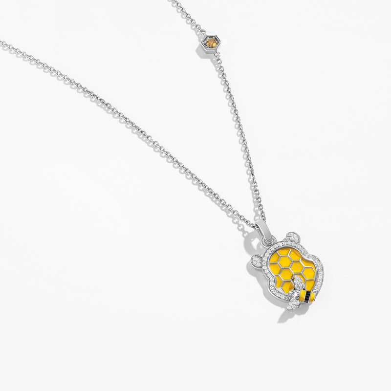 WINNIE THE POOH Honey Comb Women's Necklace with Enamel, Citrine and 1/6 CTTW Diamonds in Sterling Silver 