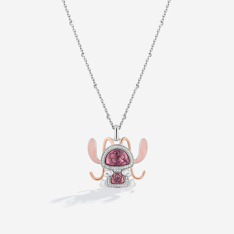 Lilo And Stitch Angel Women's Necklace with Pink Enamel and 1/8 CTTW Diamonds in Sterling Silver 