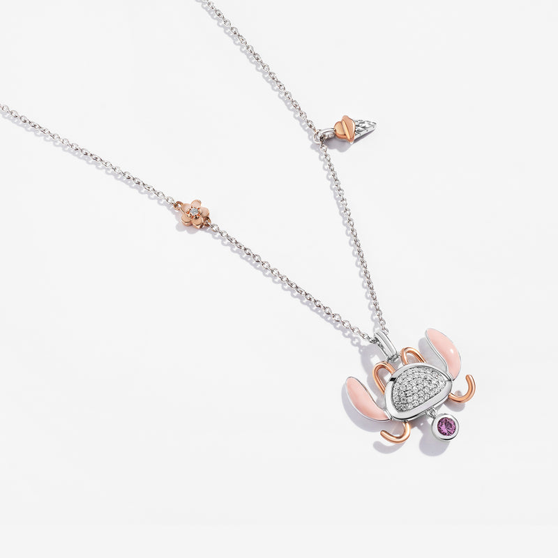 Lilo And Stitch Angel Women's Necklace with Enamel, Pink Sapphire and 1/6 CTTW Diamonds in Sterling Silver 