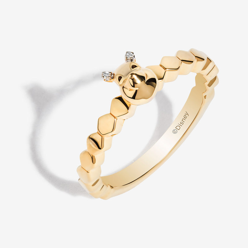WINNIE THE POOH Women's Honeycomb Stackable Ring with 1/20 CT.TW. Diamonds in 14K Yellow Gold and Sterling Silver 