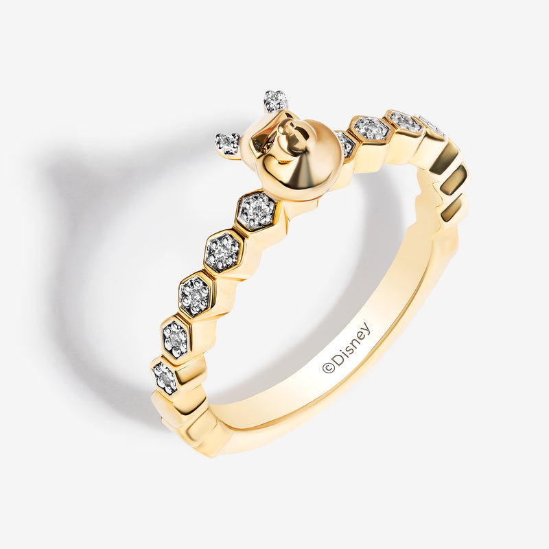 WINNIE THE POOH Women's Honeycomb Stackable Ring with 1/12  CT.TW. Diamonds in 14K Yellow Gold and Sterling Silver 