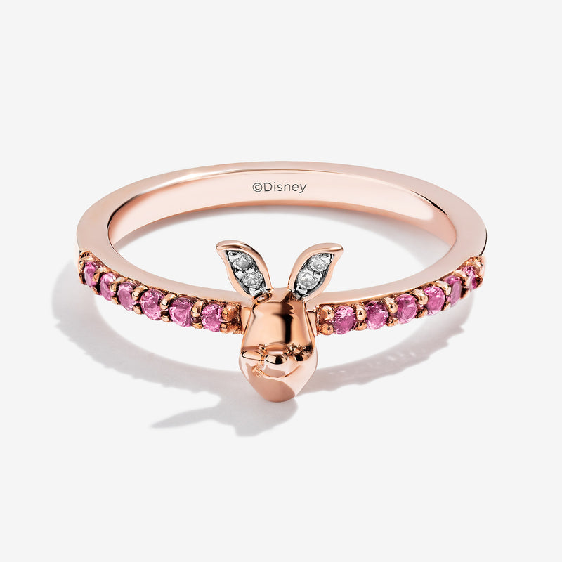 WINNIE THE POOH Piglet Women's Stackable Ring with Pink Sapphire and 1/20 CT.TW. Diamonds in 14K Rose Gold and Sterling Silver 