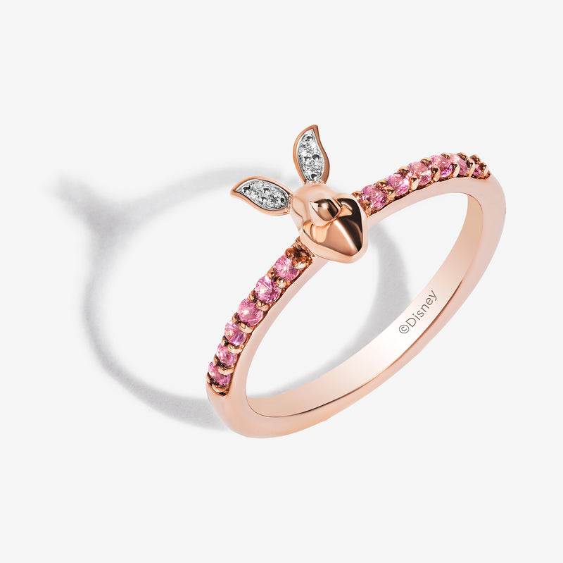 WINNIE THE POOH Piglet Women's Stackable Ring with Pink Sapphire and 1/20 CT.TW. Diamonds in 14K Rose Gold and Sterling Silver 