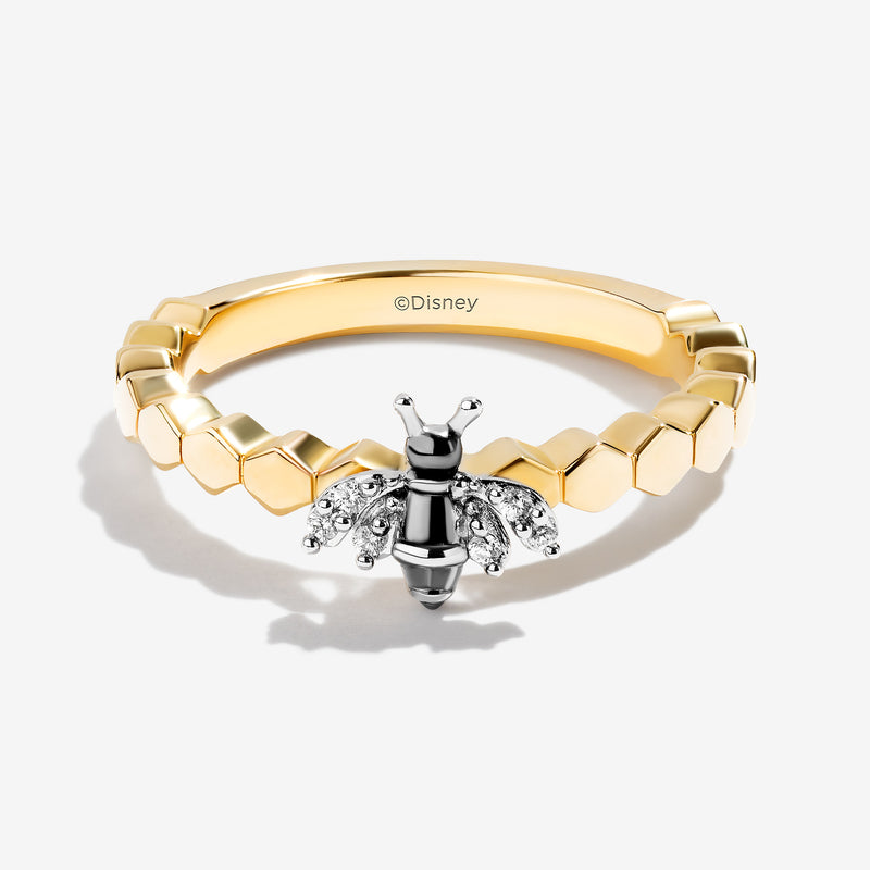 WINNIE THE POOH Women's Honey Bee Stackable Ring with 1/12 CT.TW. Diamonds in 14K Yellow Gold and Sterling Silver 