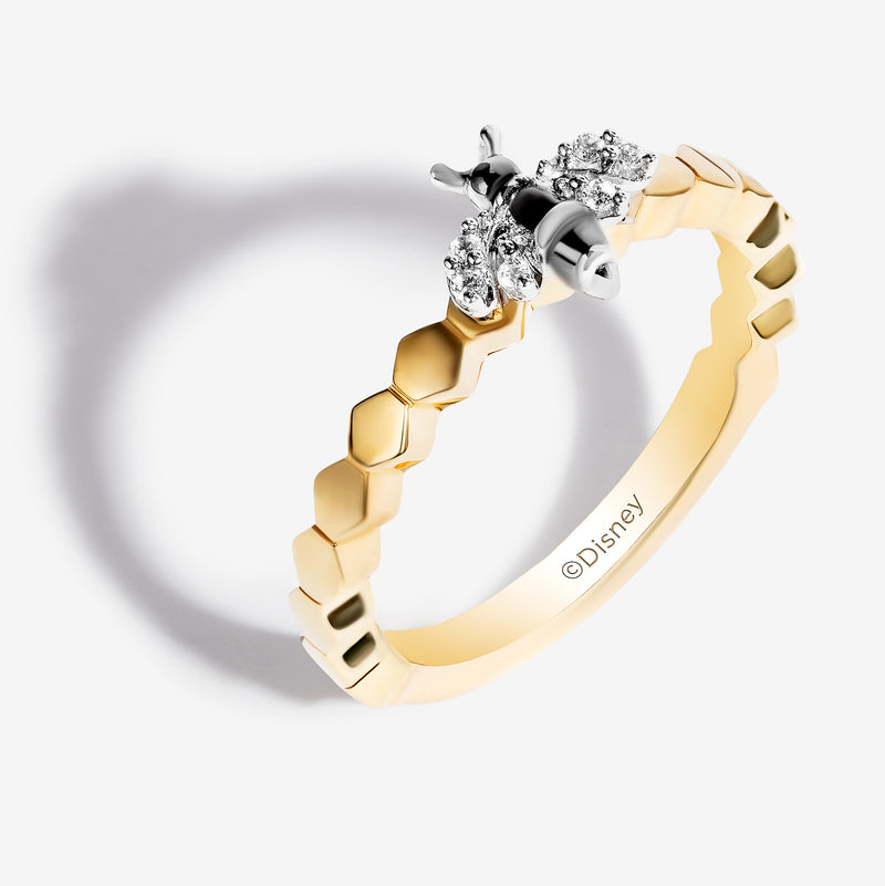 WINNIE THE POOH Women's Honey Bee Stackable Ring with 1/12 CT.TW. Diamonds in 14K Yellow Gold and Sterling Silver 