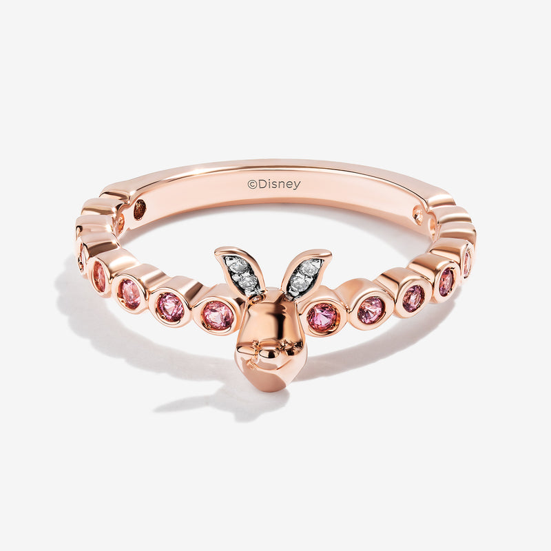 WINNIE THE POOH Piglet Women's Stackable Ring with Bezeled Pink Sapphire and 1/20 CT.TW. Diamonds in 14K Rose Gold and Sterling Silver 