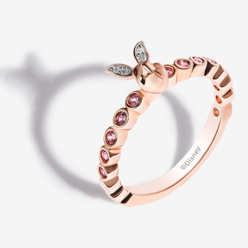 WINNIE THE POOH Piglet Women's Stackable Ring with Bezeled Pink Sapphire and 1/20 CT.TW. Diamonds in 14K Rose Gold and Sterling Silver 