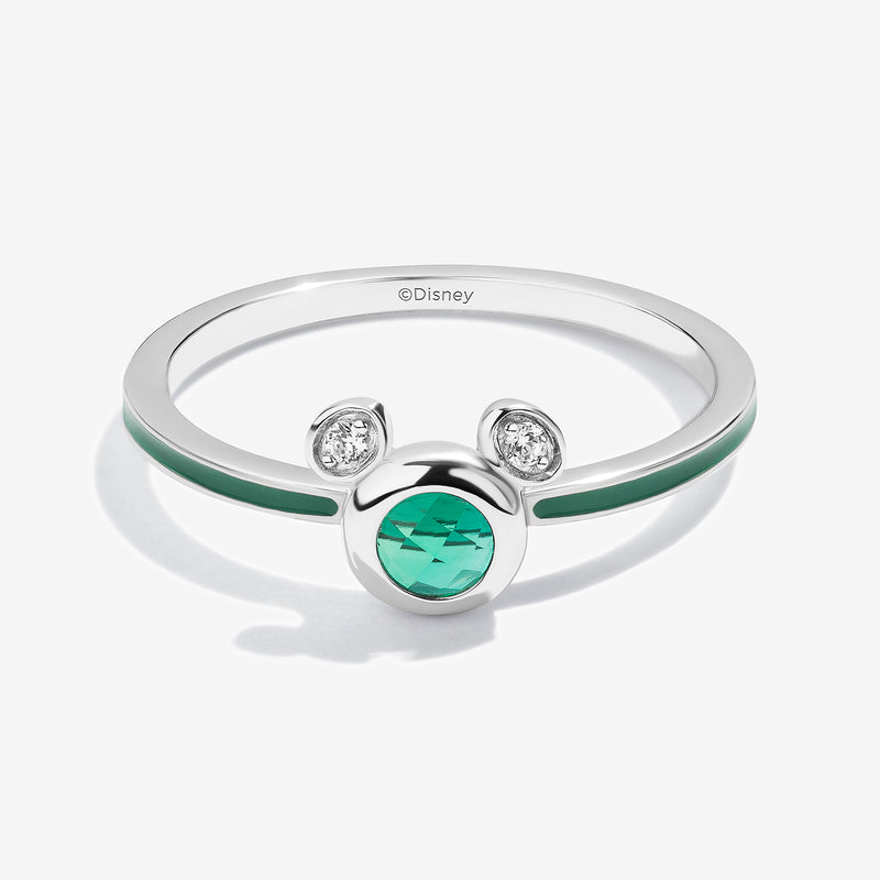 Iced Green Apple Created Emerald and Accent Diamonds Mickey Green Enamel Ring 