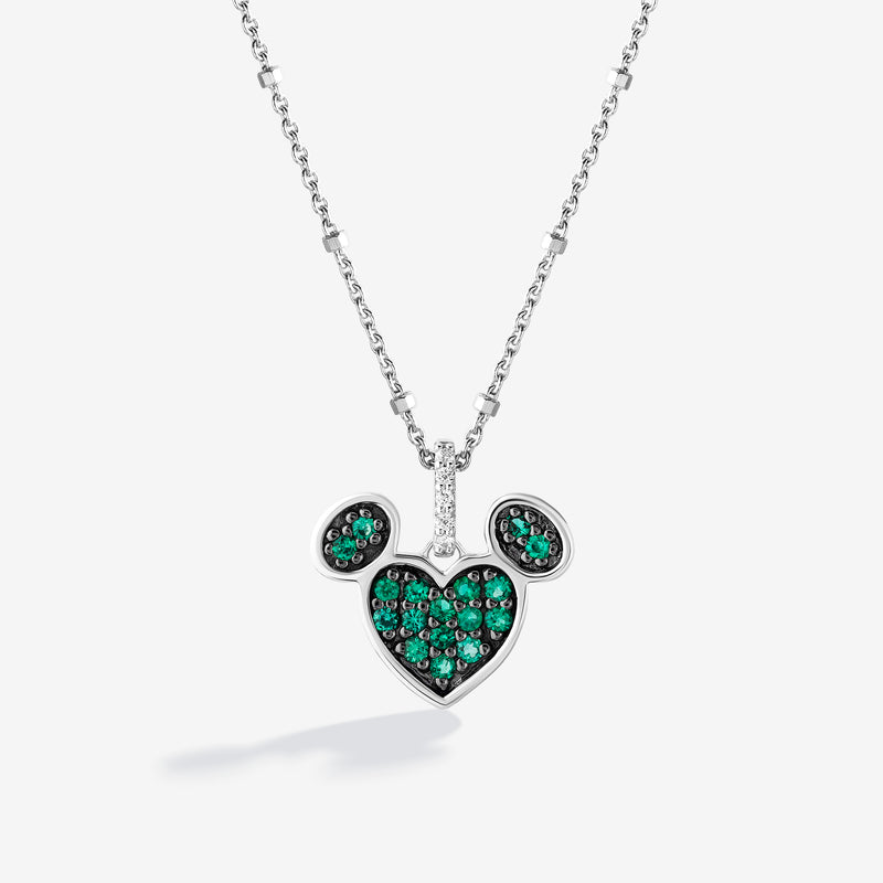 Iced Green Apple Created Emerald and Accent Diamonds Mickey Heart Necklace 