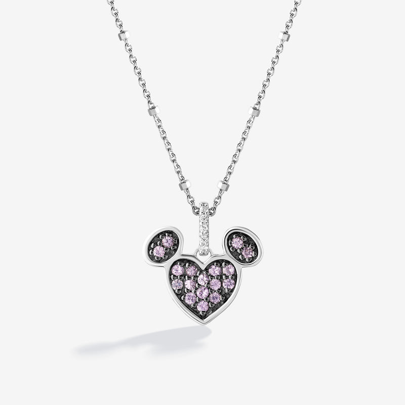 Strawberry Lush Created Pink Sapphire and Accent Diamonds Mickey Heart Necklace 