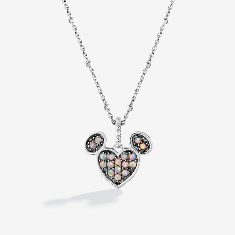 Candied Rainbow Swirl Created Opal and Accent Diamonds Mickey Heart Necklace 