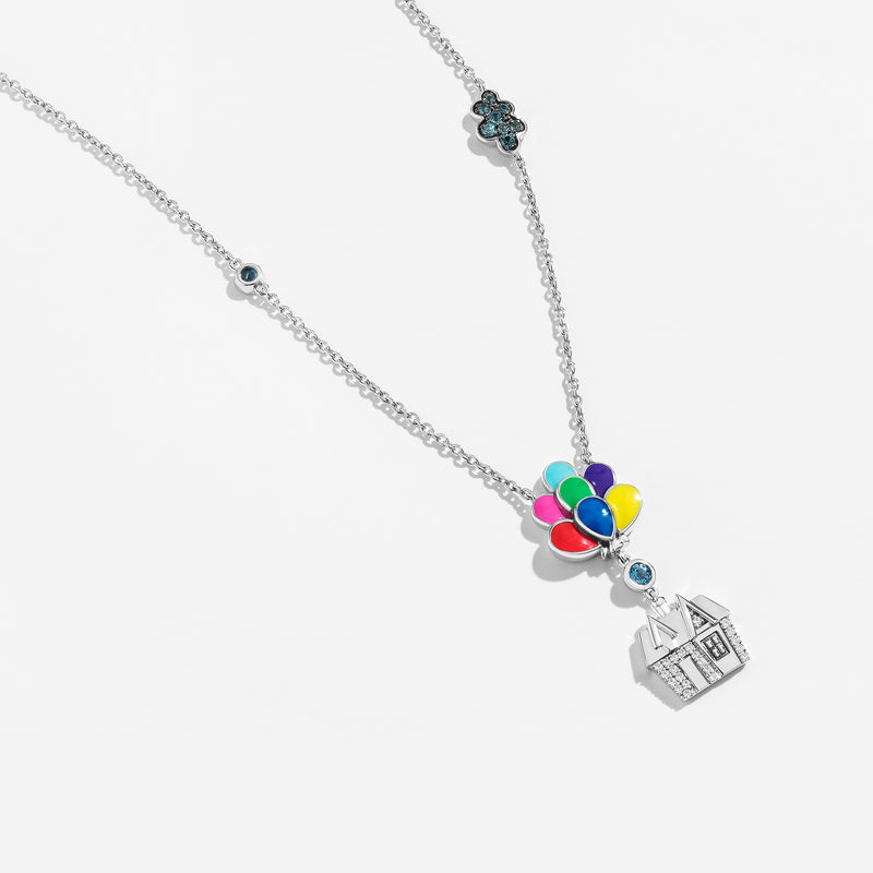 UP Balloon Women's Necklace with Enamel, London Blue Topaz and 1/20 CTTW Daimonds in Black Rhodium and Sterling Silver 