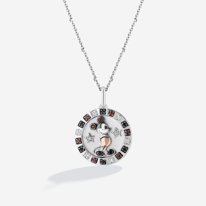 MICKEY MOUSE Medallion Women's Necklace with Enamel, Garnet and 1/10 CT.TW. Diamonds in 14K Rose Gold and Black Rhodium and Sterling Silver 