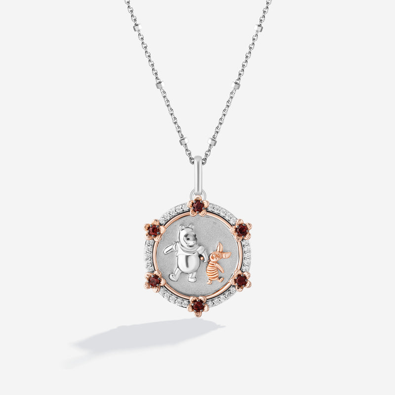 WINNIE THE POOH Piglet Hexagon Medallion Women's Necklace with Garnet and 1/10 CTTW Diamonds in 14K Rose Gold and Sterling Silver 