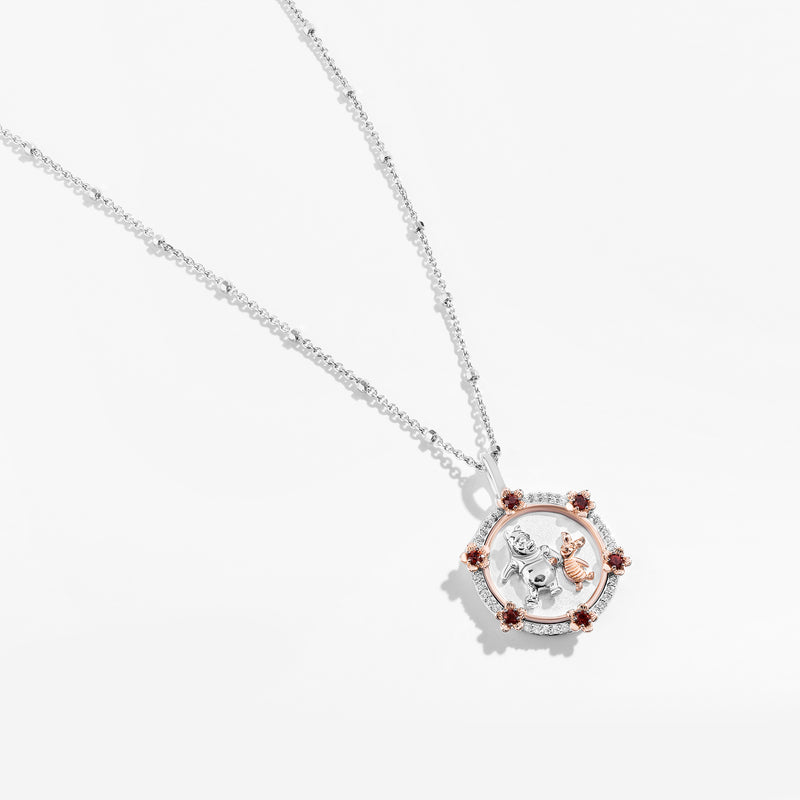 WINNIE THE POOH Piglet Hexagon Medallion Women's Necklace with Garnet and 1/10 CTTW Diamonds in 14K Rose Gold and Sterling Silver 