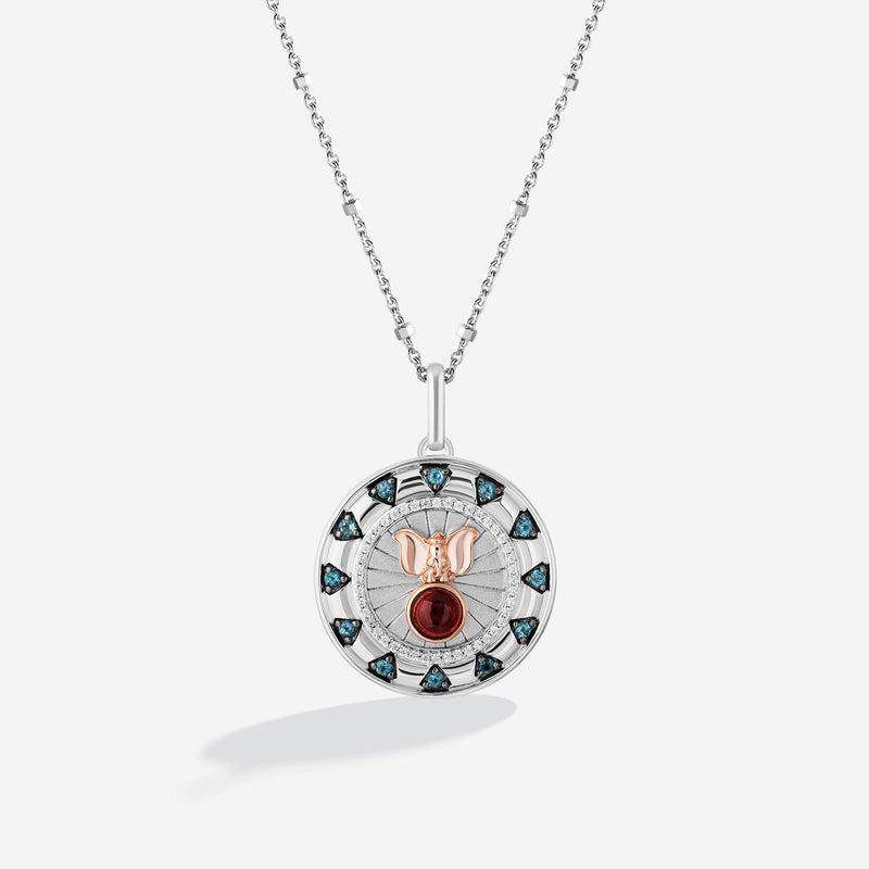DUMBO Medallion Women's Necklace with Garnet, London Blue Topaz
and 1/10 CTTW Diamonds in 14K Rose Gold and Black Rhodium and Sterling Silver 
