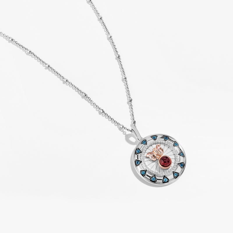 DUMBO Medallion Women's Necklace with Garnet, London Blue Topaz
and 1/10 CTTW Diamonds in 14K Rose Gold and Black Rhodium and Sterling Silver 