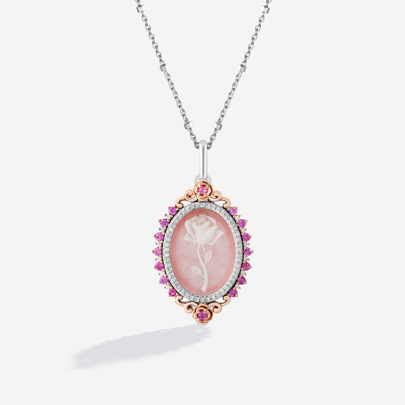 BEAUTY AND THE BEAST Carved Rose Women's Necklace with Pink Agate, Pink Sapphire  and 1/6 CT.TW. Diamonds in 14K Rose Gold and Sterling Silver 