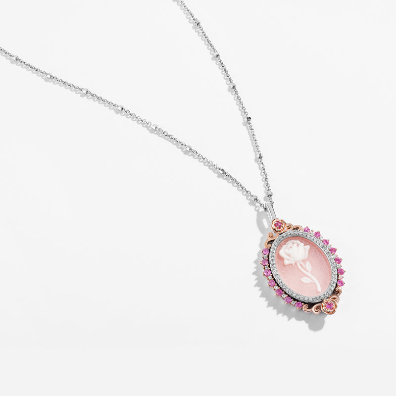 BEAUTY AND THE BEAST Carved Rose Women's Necklace with Pink Agate, Pink Sapphire  and 1/6 CT.TW. Diamonds in 14K Rose Gold and Sterling Silver 