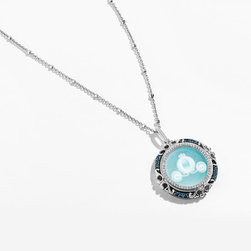 CINDERELLA Carved Carriage Women's Necklace with Blue Agate, London Blue Topaz and 1/6 CT.TW. Diamonds in Black Rhodium and Sterling Silver 