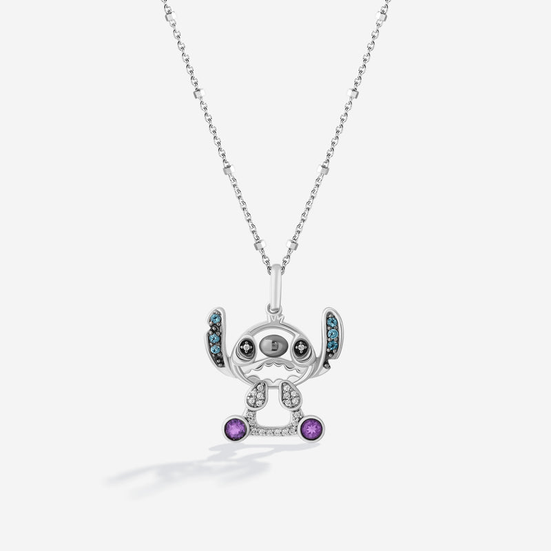Lilo And Stitch Women's Necklace with London Blue Topaz, Amethyst and 1/20 CT.TW. Diamonds in Black Rhodium and Sterling Silver 