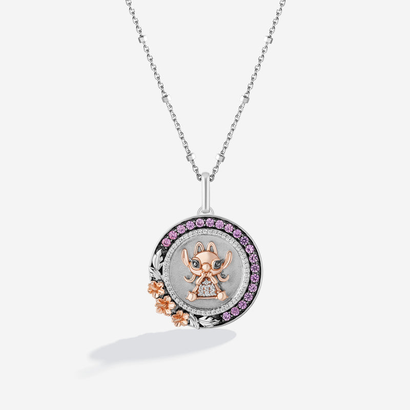 Lilo And Stitch Angel Medallion Women's Necklace with Created Pink Sapphire and 1/8 CTTW Diamonds in 14K Rose Gold and Black Rhodium and Sterling Silver 